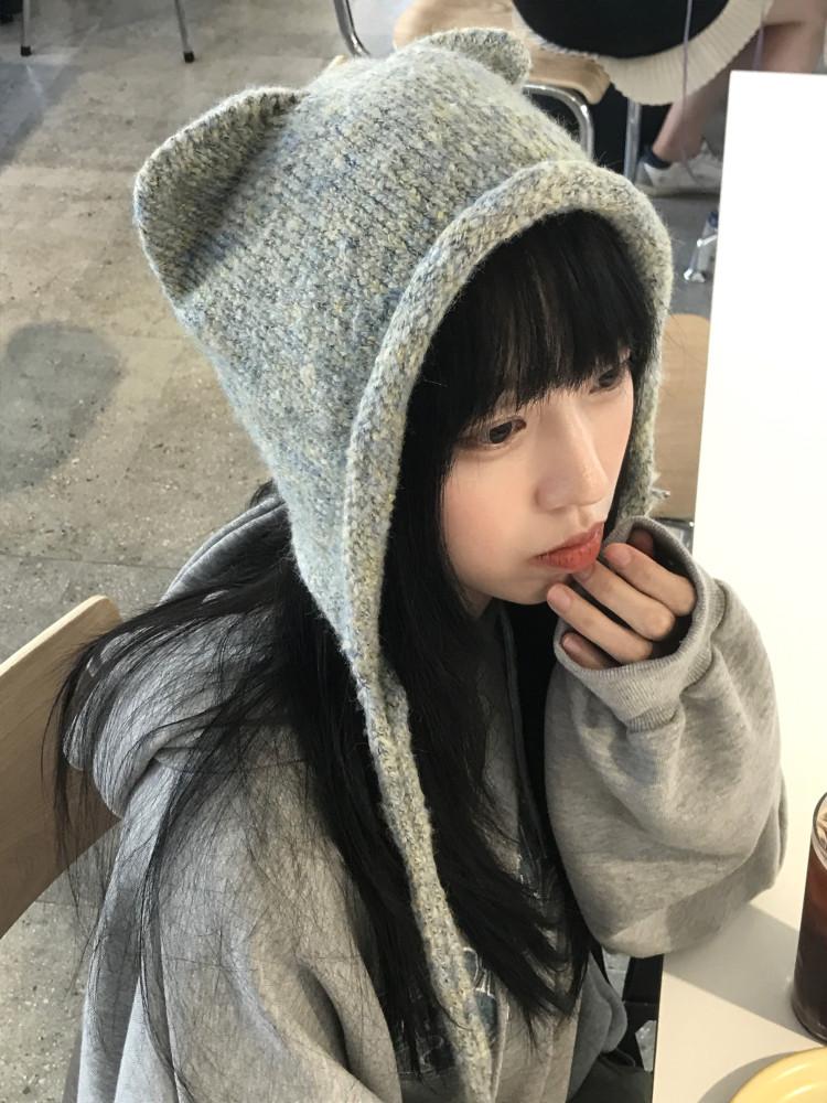 [히니츠키] 고양이 니트 끈 후드 비니(3color)