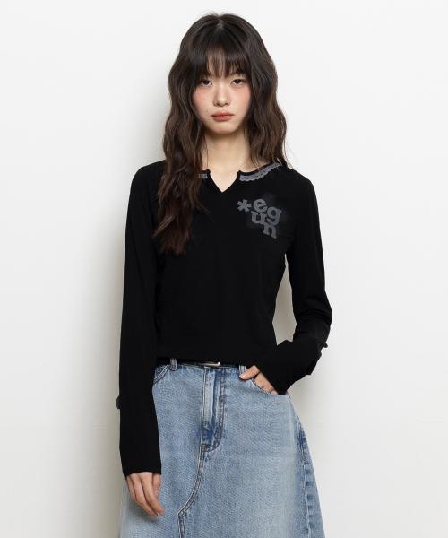 레이스 넥 세미 크롭 롱 슬리브 티셔츠_블랙