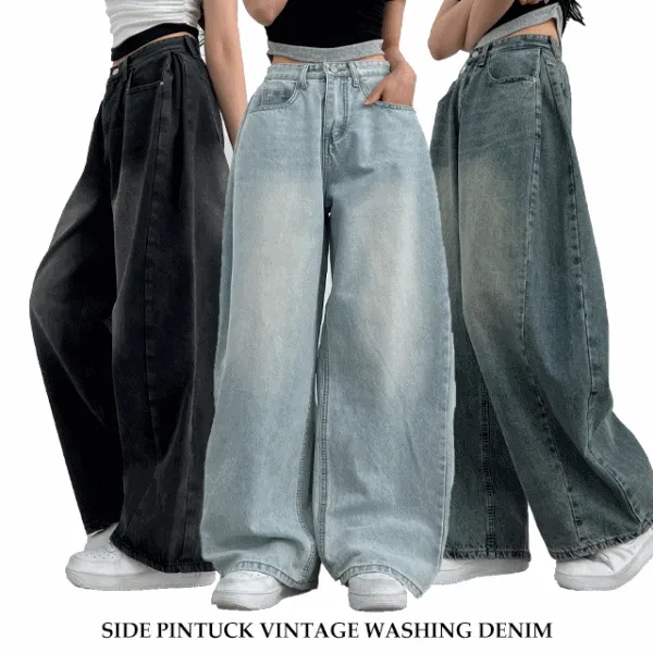 기장수선NO! [숏&롱/S-XL] 힙한핏 사이드 절개 핀턱 빈티지 워싱 와이드 벌룬 데님 청바지 팬츠 5color