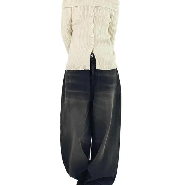 흑청데님 블랙진 여성 빈티지 진청 캣브러쉬 와이드 벌룬핏 맥시 데님팬츠