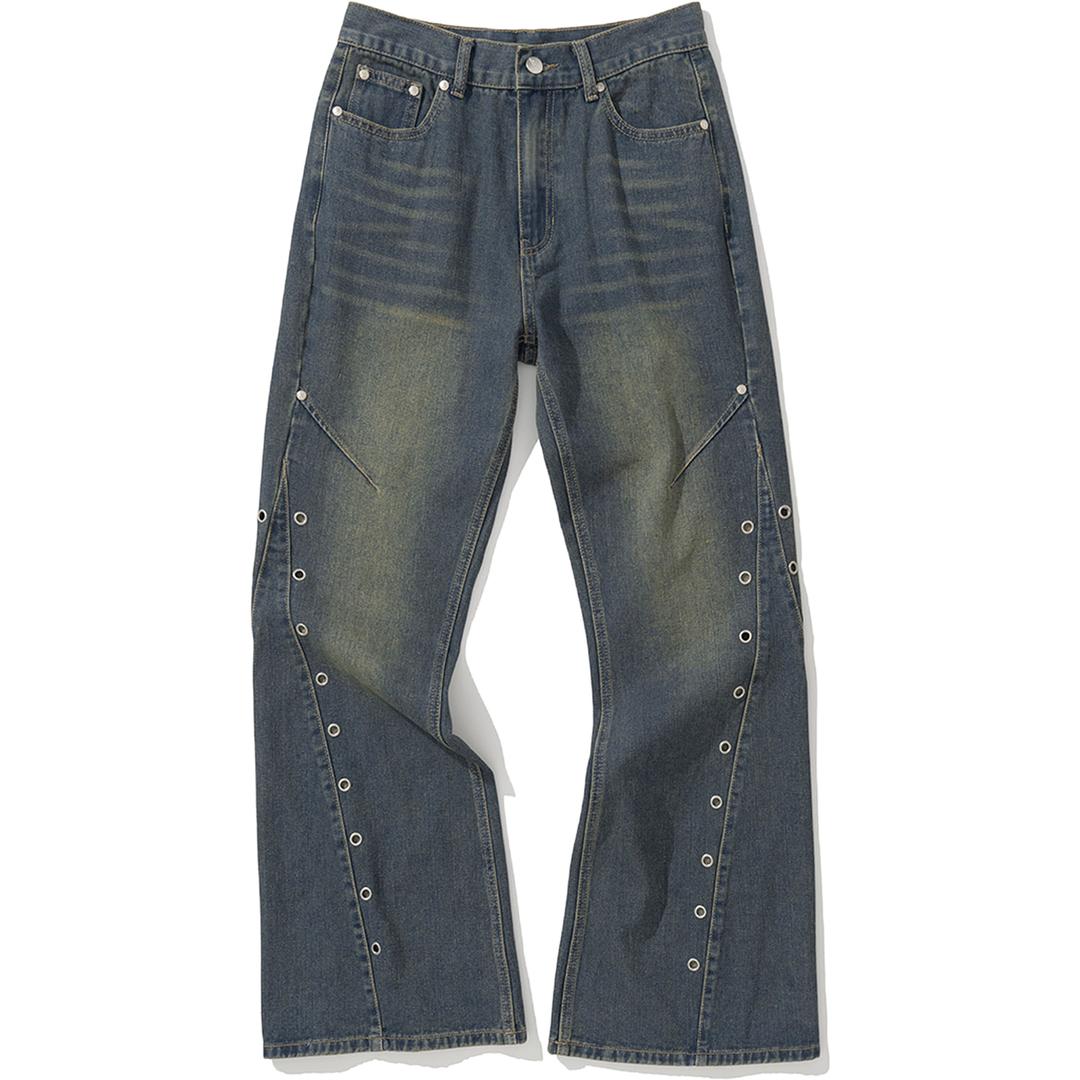 W Eyelet Vintage Denim Pants - Deep Blue