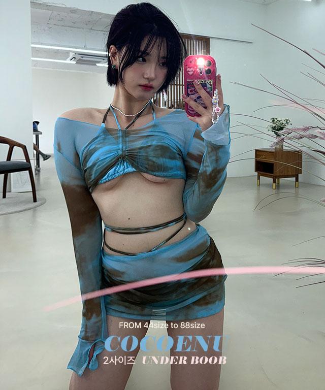 코코앤유 무배 2사이즈 스카이나염 언더붑 4피스비키니( 빅사이즈 홀터 끈 스커트 긴팔 커버업 수영복 볼레로 스판 신행 호캉스 휴가 리조트 )