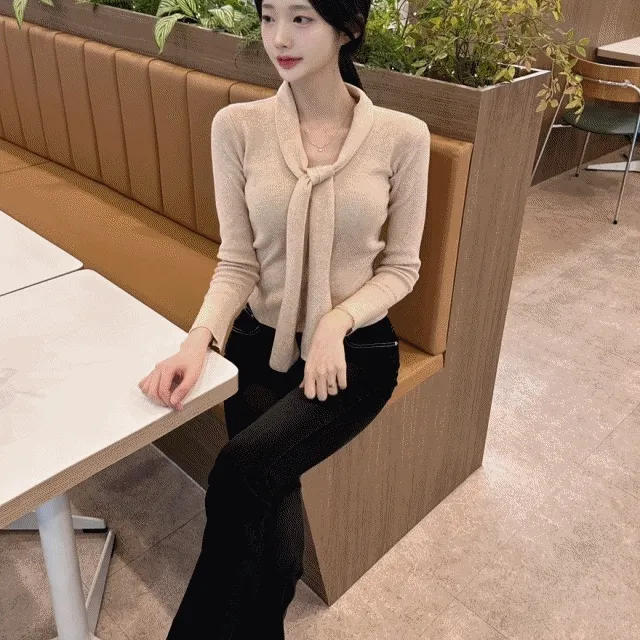 *주문폭주🔥*머플러세트*세련미* 브이넥 골지 니트 머플러니트 초커니트 니트세트 슬림핏 스카프니트 긴팔티셔츠 골지티셔츠 투웨이 3colors