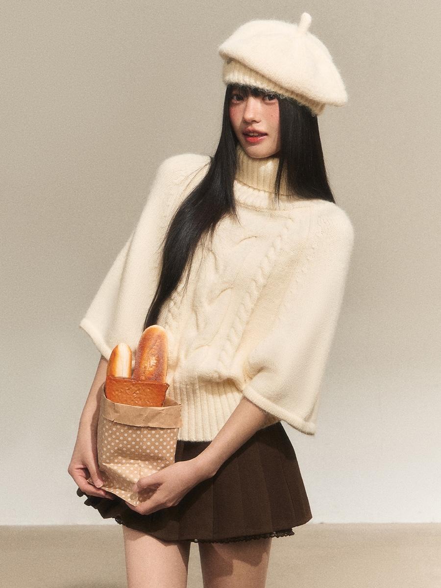 Weekendhub Ivory Cable Poncho Turtleneck Top