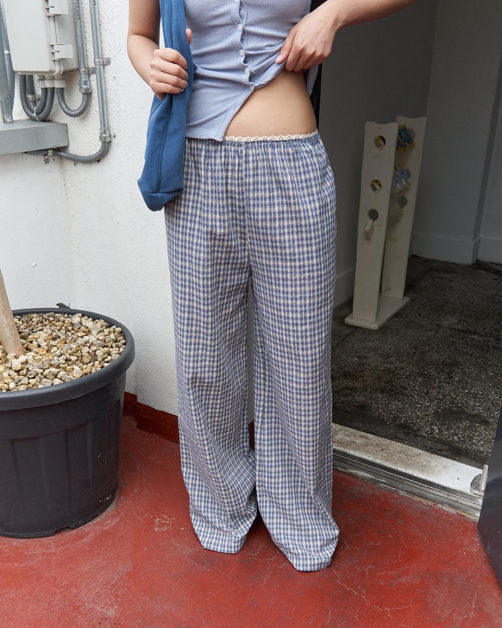 25SS lace-waist check long pants