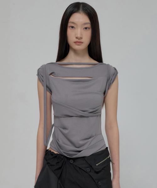 Asymmetrical Draped Strap Roll-Up T-Shirt (FL-170_Dark Gray)