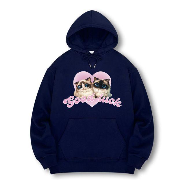 [국내생산/기모선택] 귀여운 고양이 프린팅 후디 후드 티셔츠 남녀공용 긴팔티 커플룩 루즈핏 빅사이즈(M~4XL)