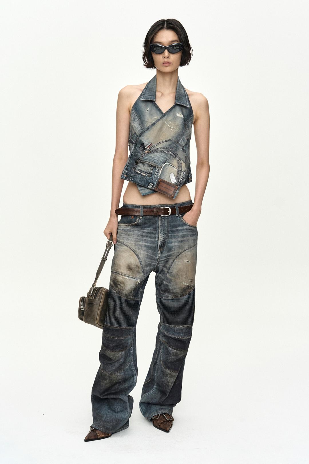 DENIM TROMPE-L'OEIL GRAPHIC BIKER JEANS apa919u(MID BLUE)