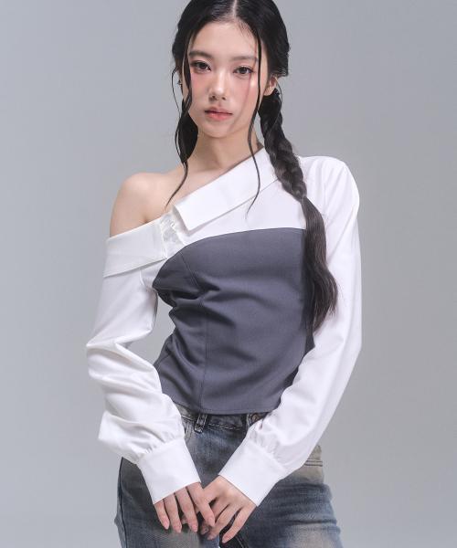 애이미 언밸런스 오프숄더 셔츠 [CHARCOAL]