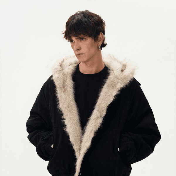 Deconstructed pattern design plus velvet jacket