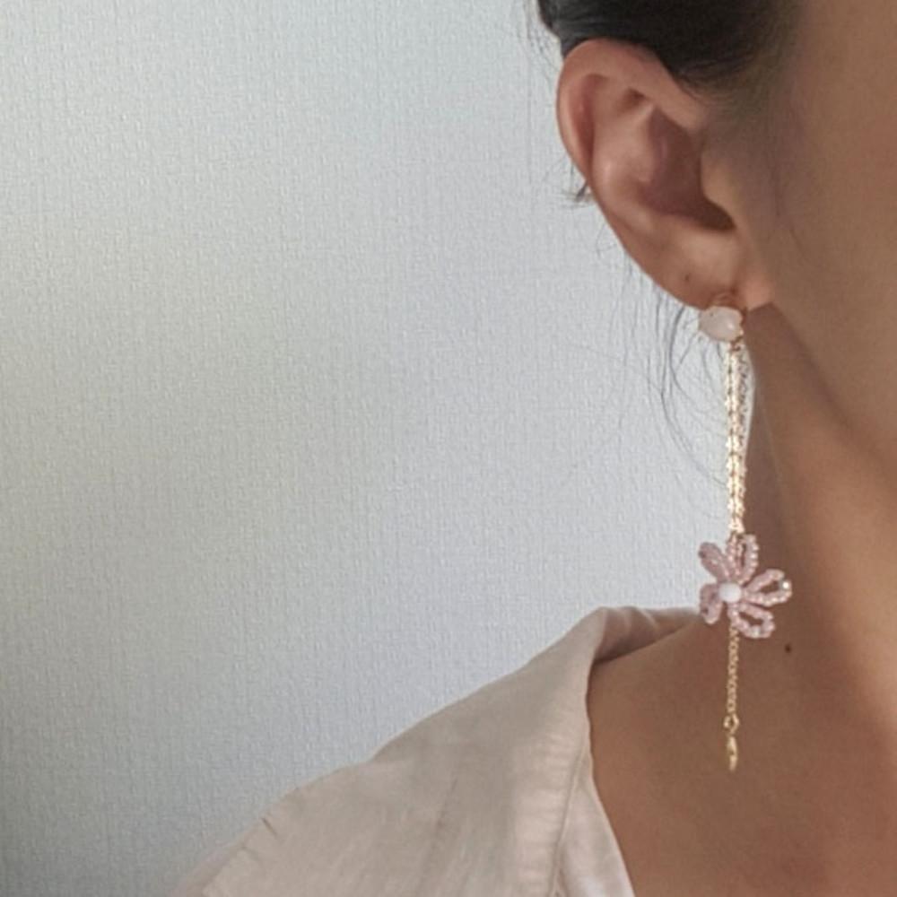 [리코리타ONLY]rose quarts top pink beads flower drop earrings장미석영 핑크비즈꽃 드롭 이어링(MK080)
