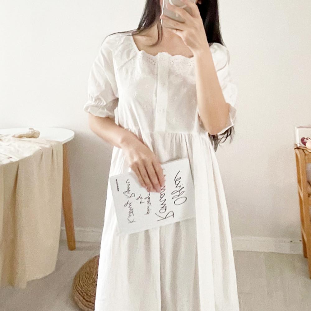 (2컬러) 몽블랑 순면 롱원피스 잠옷 여름파자마 순면 홈드레스