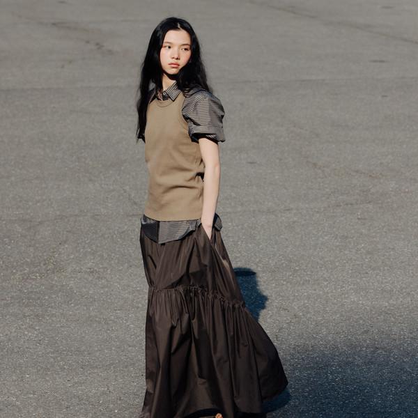 Gingham check shirring skirt (brown)