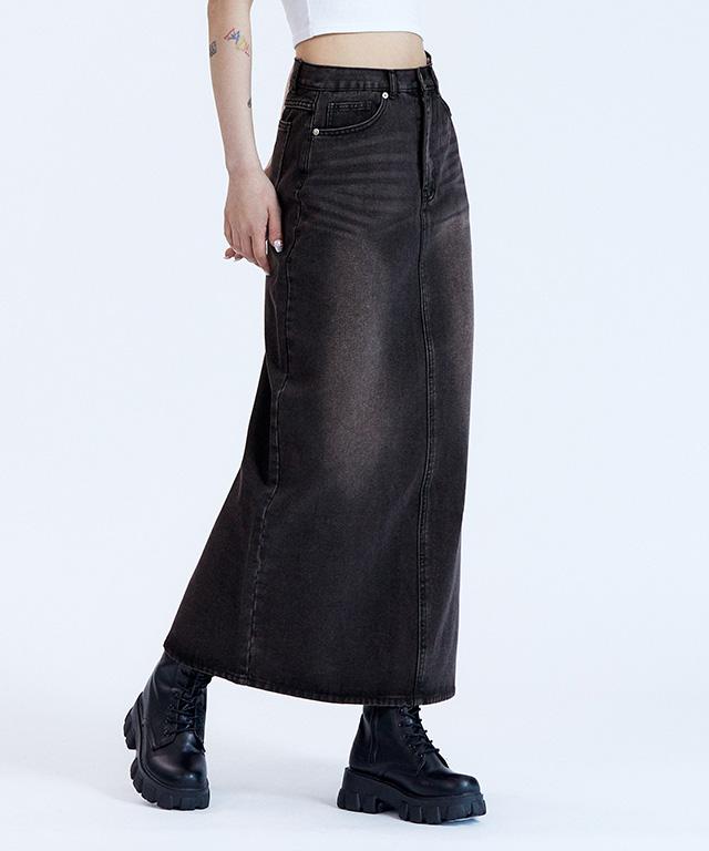 [칙스] BDS 위시드 빈티지 워싱 데님 롱스커트 흑청