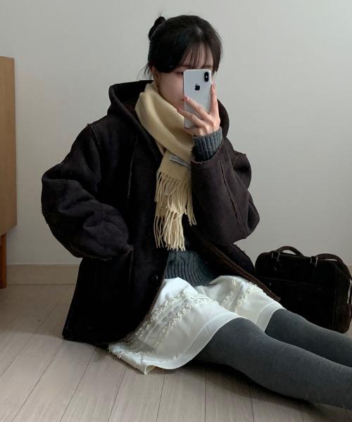 (우먼) 스웨이드 후드 점퍼 무스탕_다크브라운