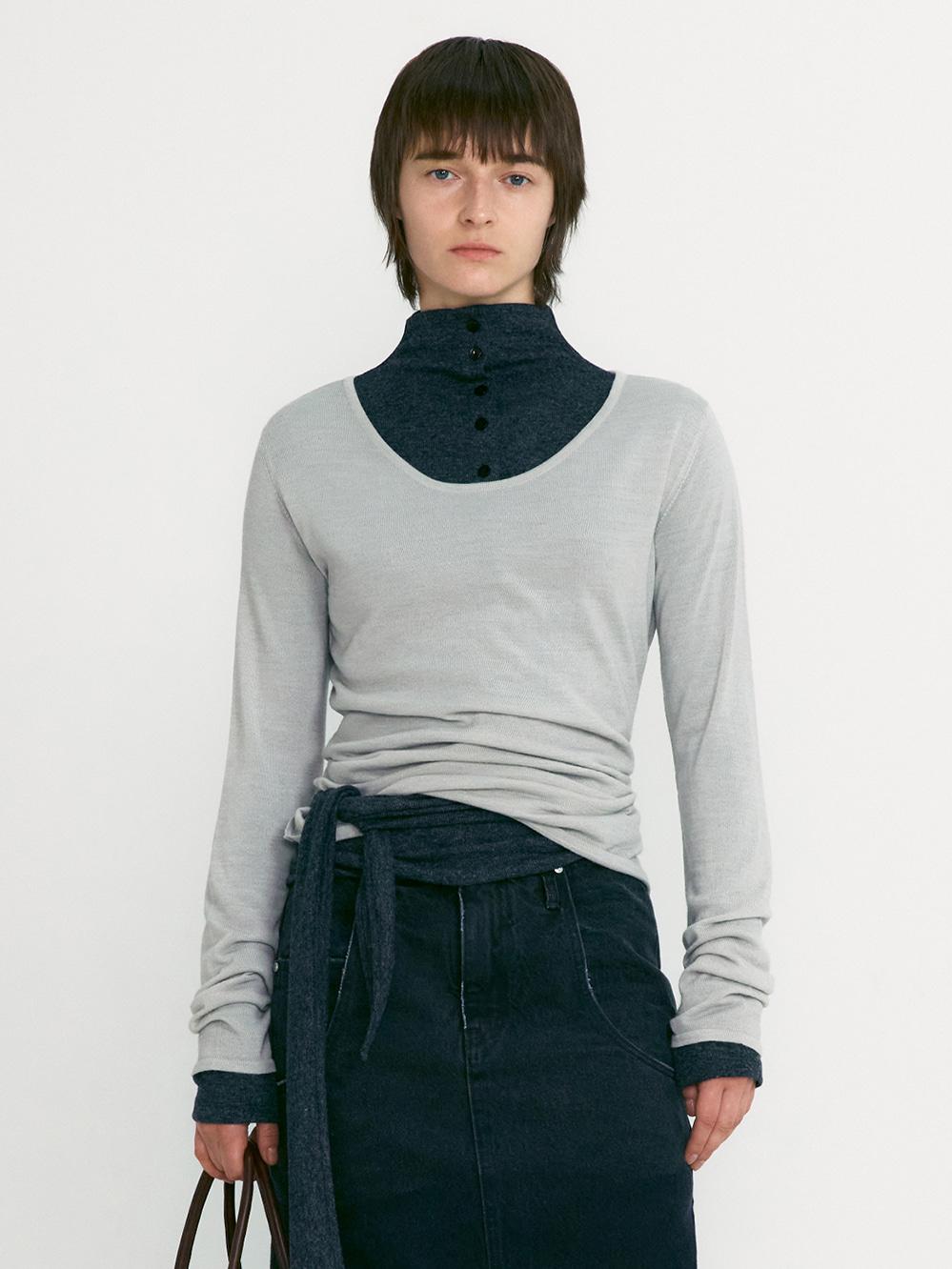 Button Up Wrap T-Shirt_Melange Grey