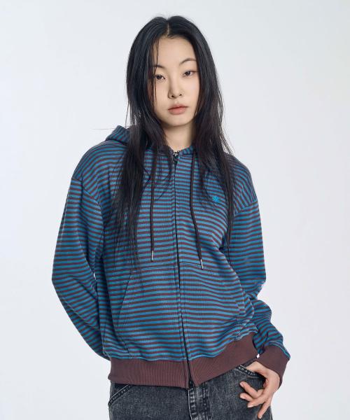 스트라이프 니트 후드 집업_블루