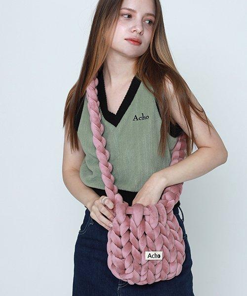 벨벳 니티드 퐁퐁 크로스백_딥핑크