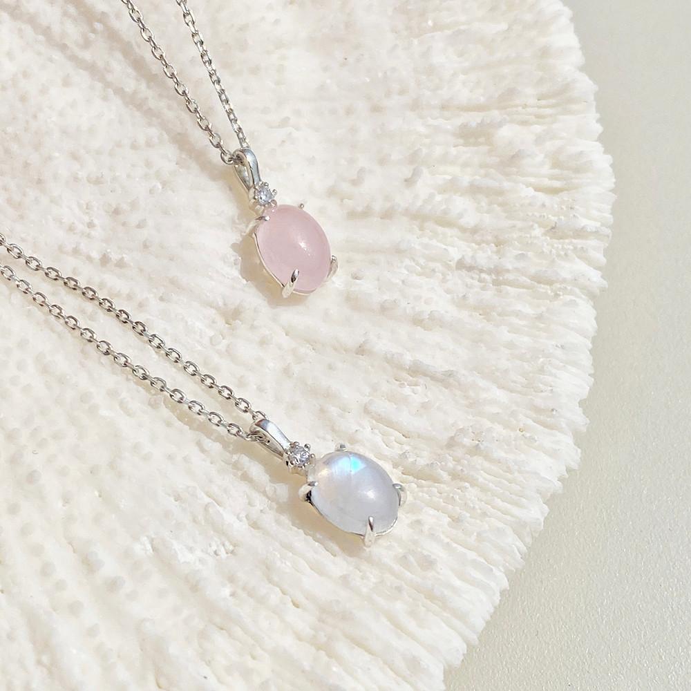 925 실버 문스톤 로즈쿼츠 천연 원석 큐빅 물방울 목걸이 /성년의날 로즈데이 선물