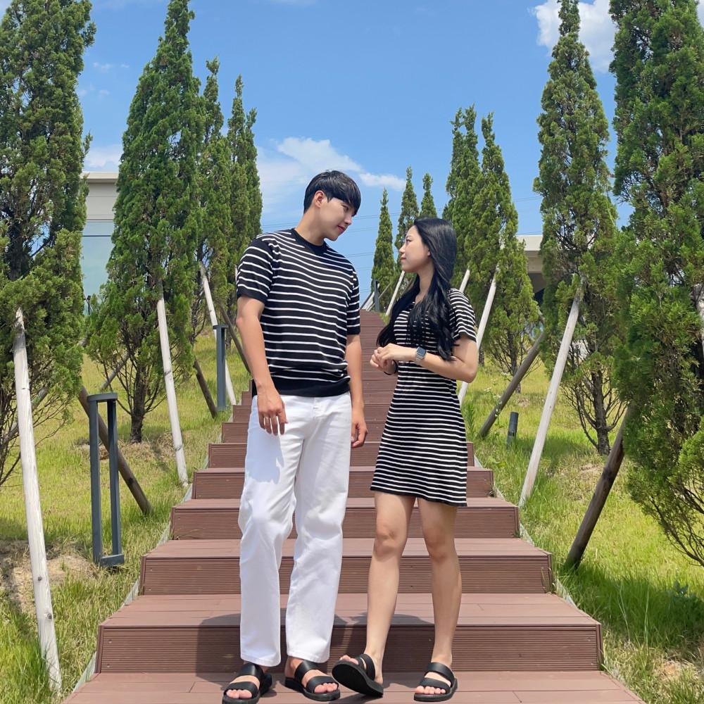 여름 블랙 린넨 단가라 반팔 니트 브이넥 미니 원피스 신혼여행 커플 시밀러룩