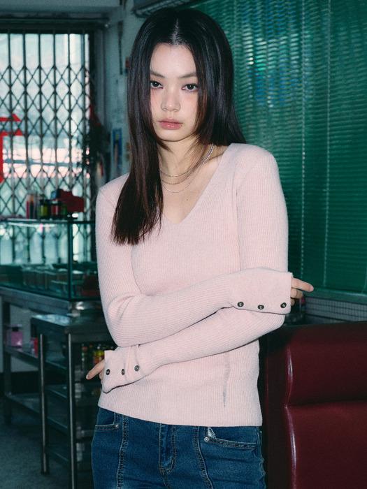 데미지드 브이넥 리브드 니트 [스킨 핑크]