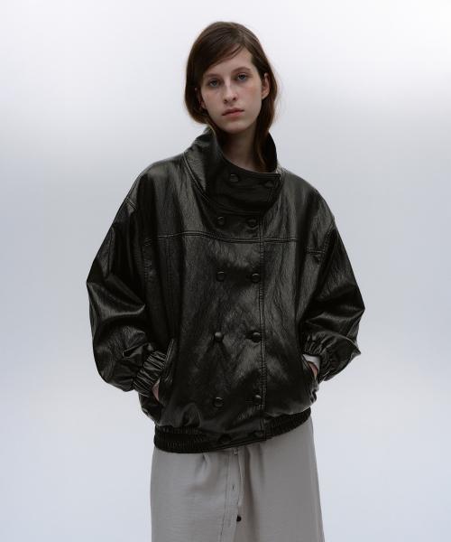 DOUBBLE BUTTON OVERSIZE LEATHER JUMPER [BROWN]