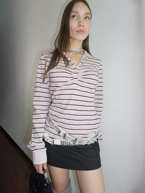 Shirring Tennis Shirt Lavender Stripe