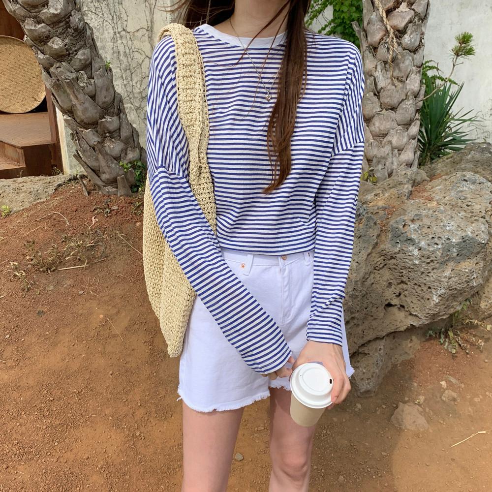 루즈핏 슬라브 여자 스트라이프티셔츠 단가라 린넨티 얇은 여성 여름긴팔티