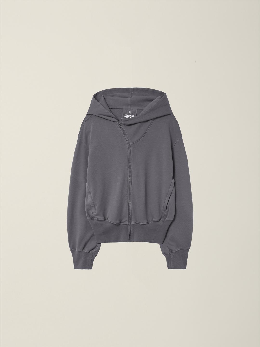 MENS GARMENT DYED CURVED HOODED ZIP JACKET  SLATE GREY