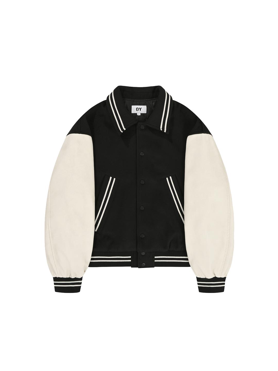 ZIGZAG EMBROIDERY VARSITY JACKET - BLACK