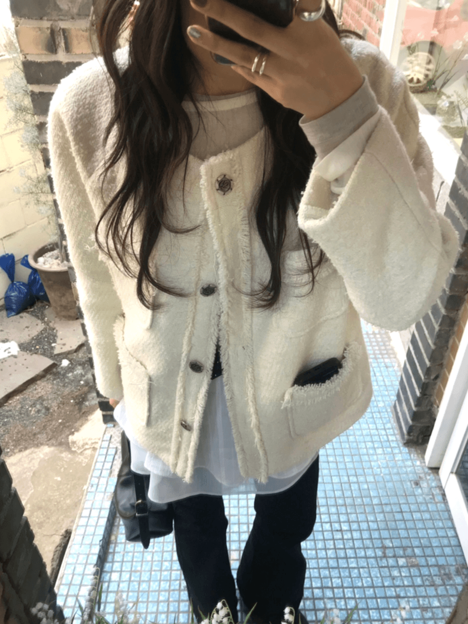 원그린 (고퀄/하객룩) 프레즐 울 노카라 단추 봄 트위드자켓