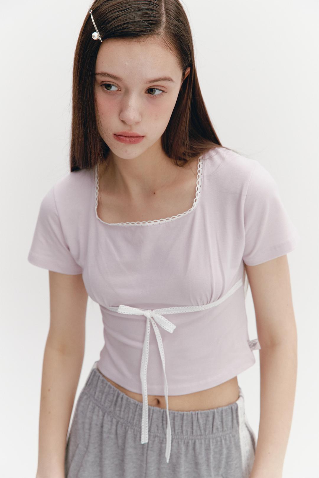 Lace Ribbon Shirring Top Pink