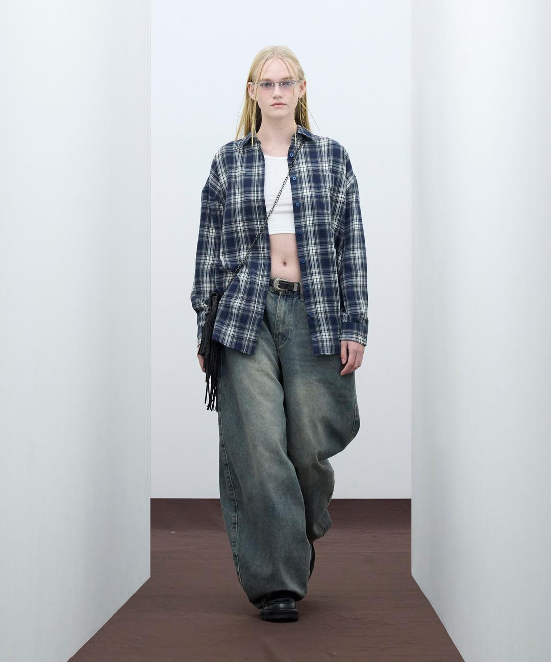 85-VIVA062 Sins Over Fit Pocket Long-Sleeved Check Shirt Navy