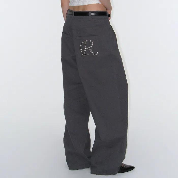 Eyelet R Pocket Curved Pants - Charcoal