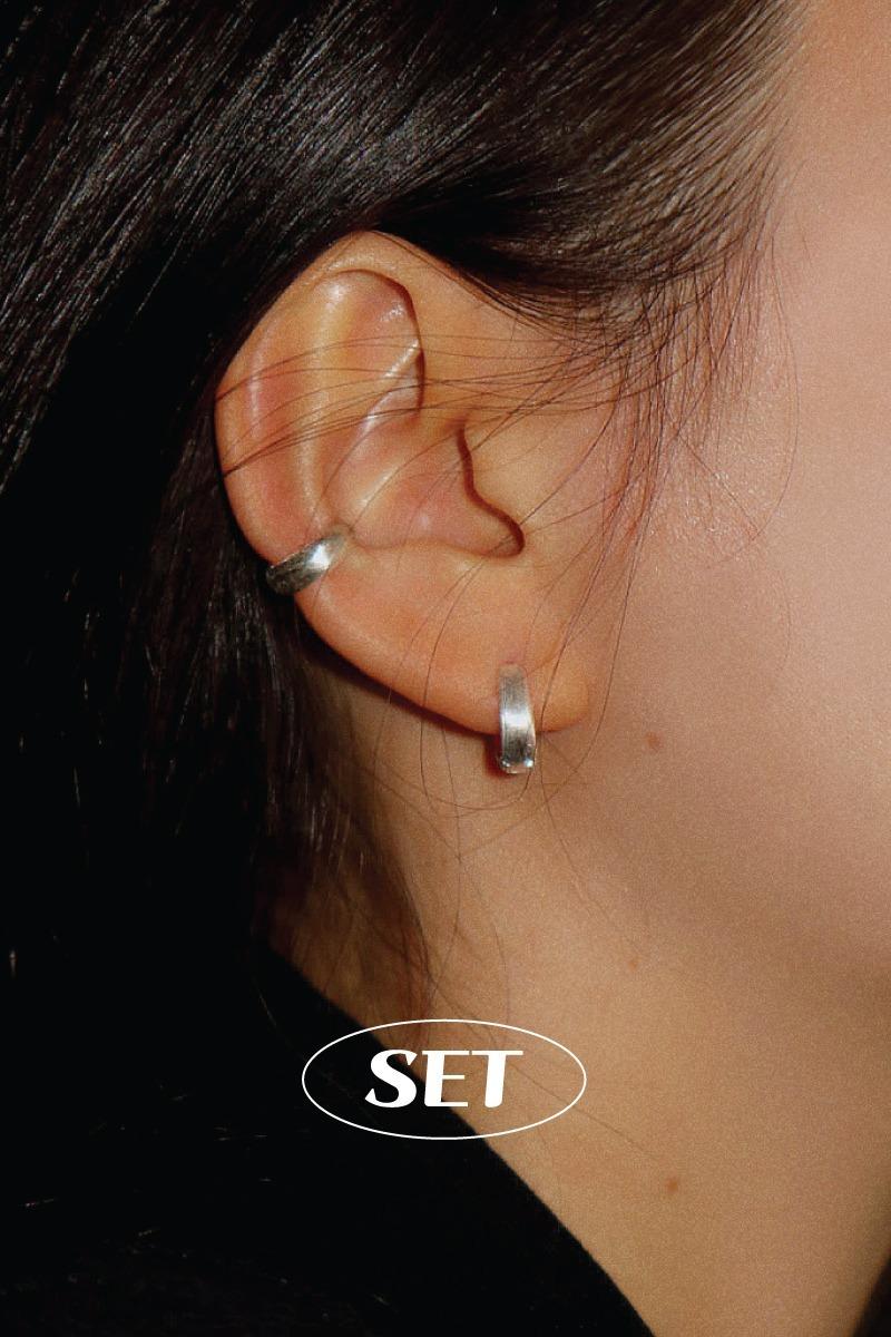 무드크로키 [SET] 925silver 무광 물방울 원터치 귀걸이 (2ea) & 핸디 무광 스크래치 이어커프 귀찌 (1ea) 세트