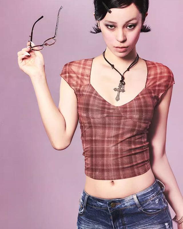 BEERBRO 체크 크롭 브이넥 탑 (2 컬러)