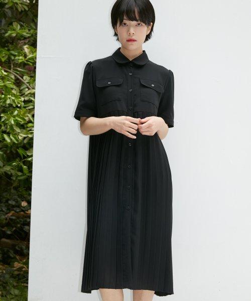플리츠 스커트 포켓 셔츠 원피스 하프 슬리브 베이직 블랙