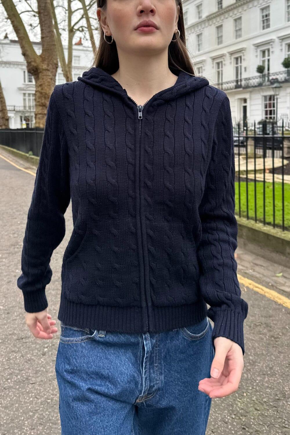 Ayla Cable Knit Zip-Up Sweater - Navy Blue / Regular Fit