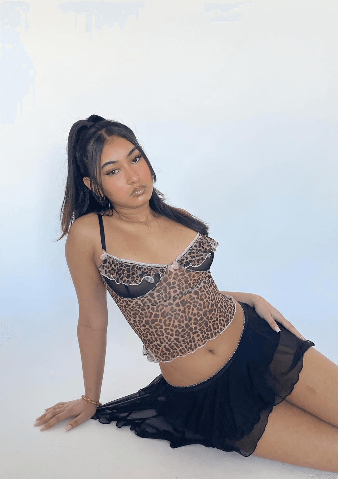 Frill Bustier Top In Leopard Mesh With Bow Detail