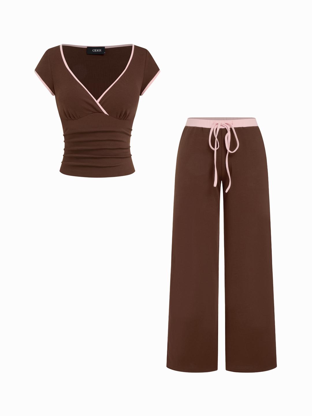 Cotton-blend V-neck Two Tone Top & Mid Rise Drawstring Straight Leg Trousers Set
