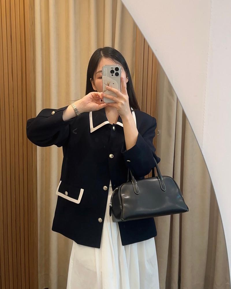 여성 봄 배색 카라 자켓 실버버튼 클래식 빈티지 네이비 jk