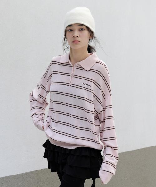 LOOSE FIT COLLAR STRIPE KNIT PINK