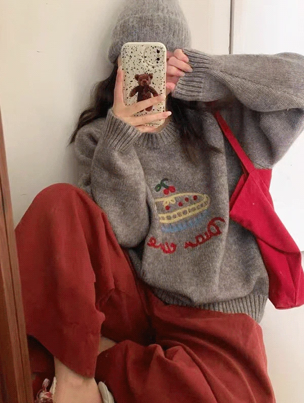 [7color🎀] 체리파이 자수 니트 KT4579겨울 자수 배색 플라워 기본 베이직 크롭 숏 하객룩 모임룩 울