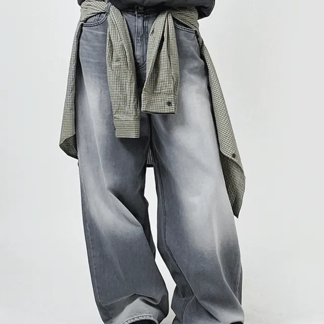 하체커버 빅와이드청바지 스트릿 빈티지 샌드워싱 와이드 그레이 흑청데님 팬츠