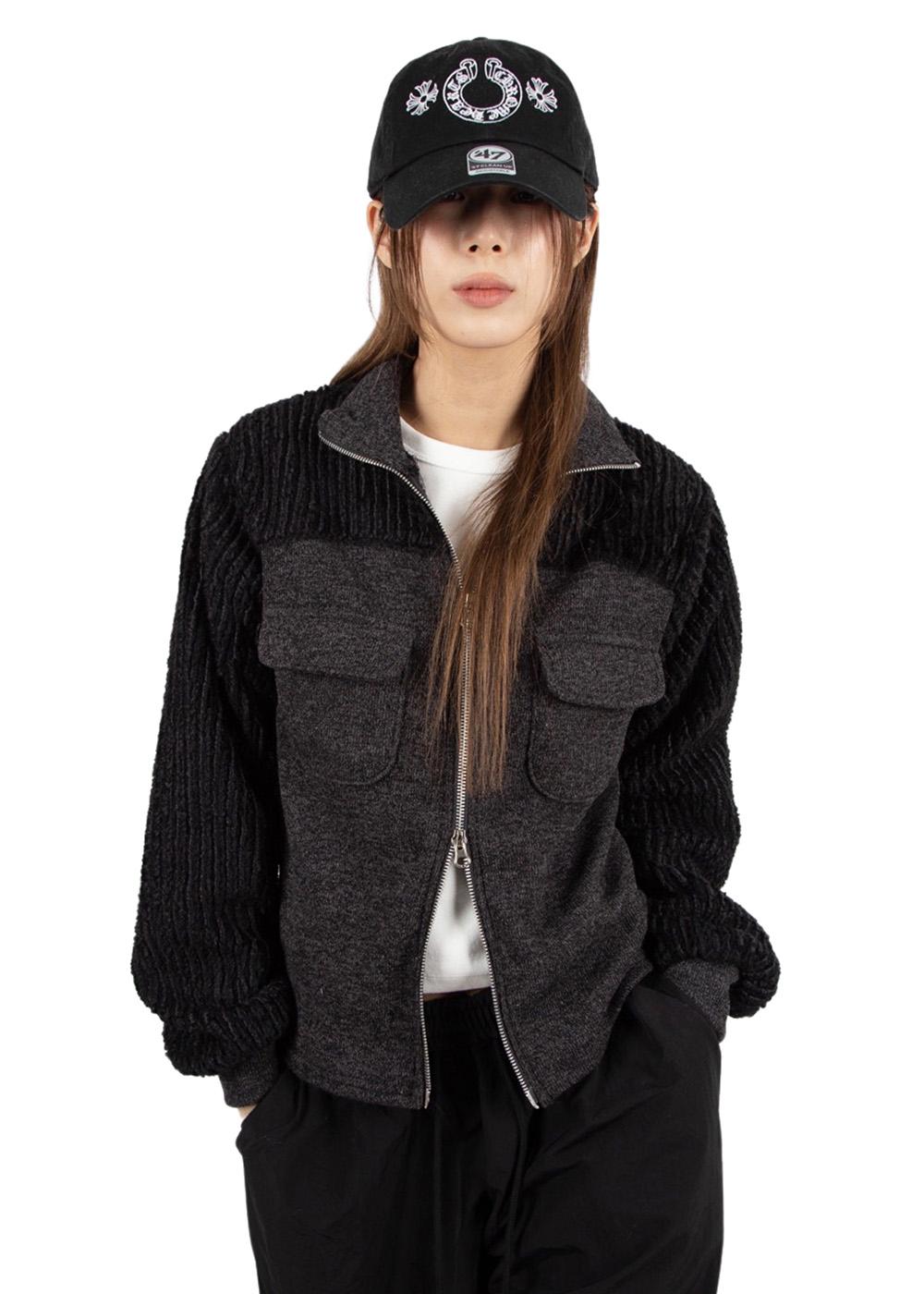 FUR MIXED POCKET ZIP-UP CARDIGAN