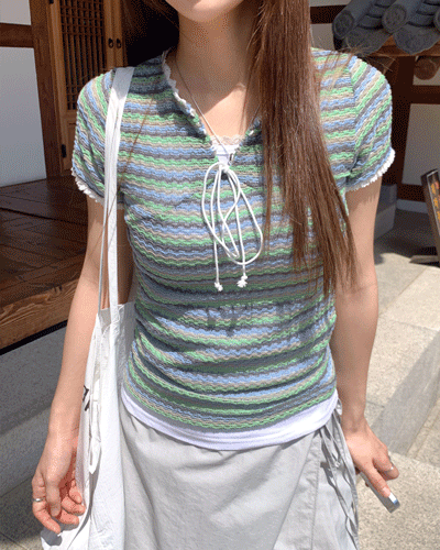 빈티지 레이스 반팔 리본 배색 여름 니트 2color