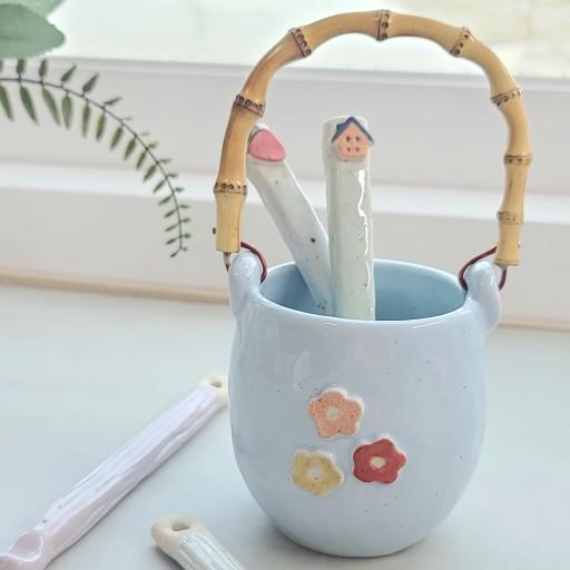 나무손잡이 도자기 포크통 티스푼통 다용도꽂이