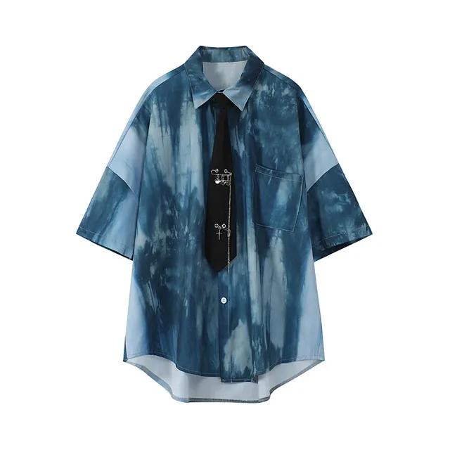 오버핏 롱 블루 나염 넥타이 셔츠