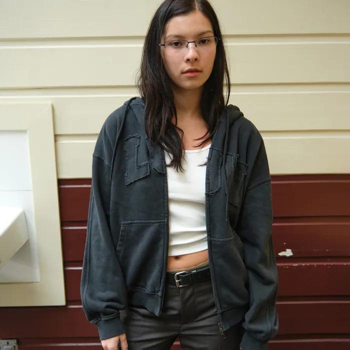 LOW WASHED ZIP-UP HOODIE_CHARCOAL [LC267TS13CC]