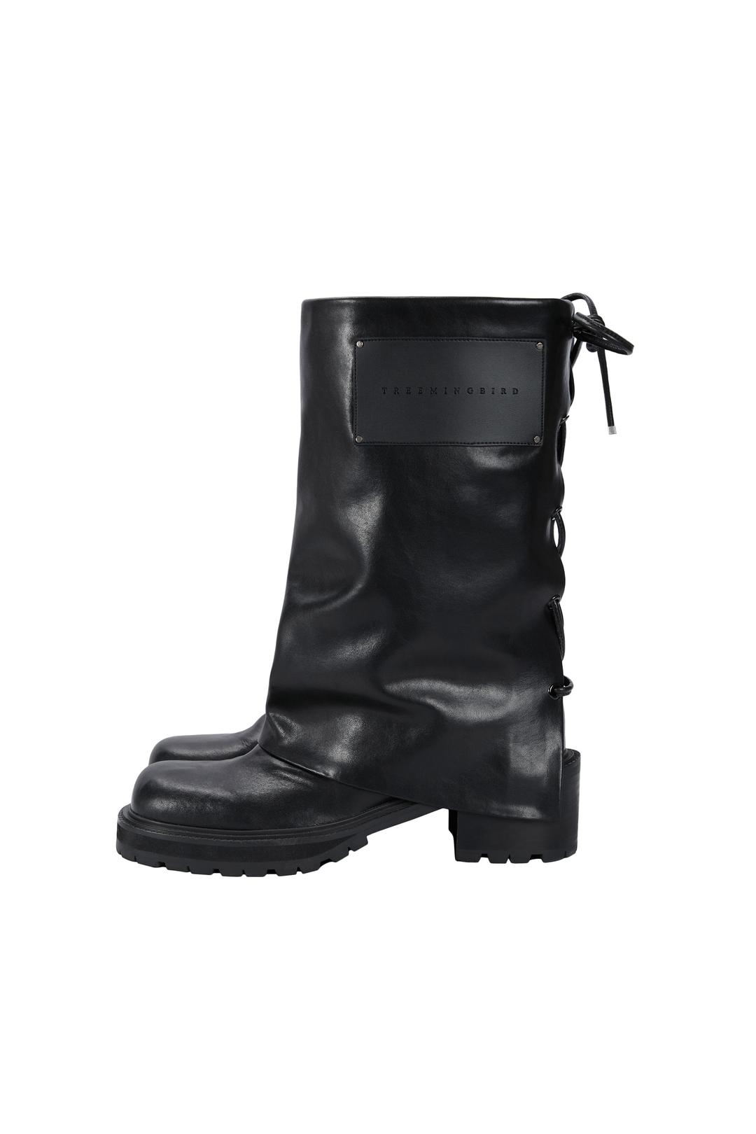 Folded Lace-up Cowhide Boots [ Black ]